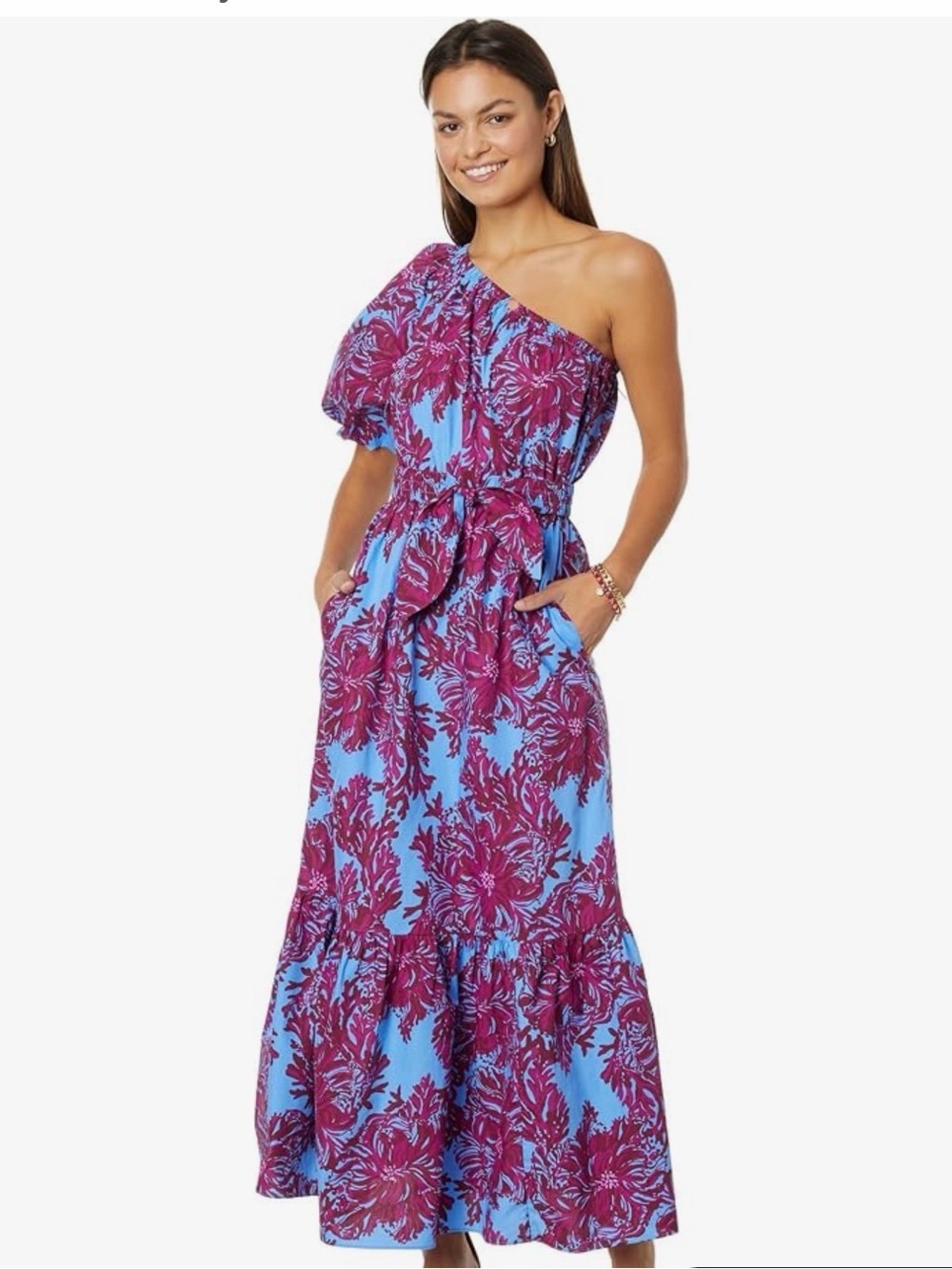 Lilly Pulitzer Zelalynn One-Shoulder Abaco Blue Floral Maxi Dress Sz 14